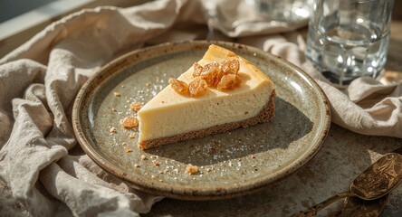 Delicious Slice of Creamy Cheesecake with Candied Ginger and Powdered Sugar on a Rustic Plate in Warm Natural Light
