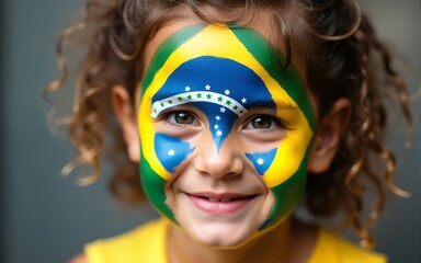Child with Brazilian flag face paint celebrating Brazil Independence Day. High quality