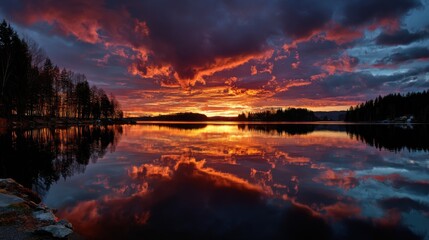 Autumn lake sunset reflection