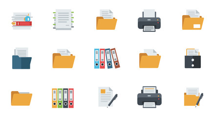 Flat office icons: folders, printers, and files for business organization