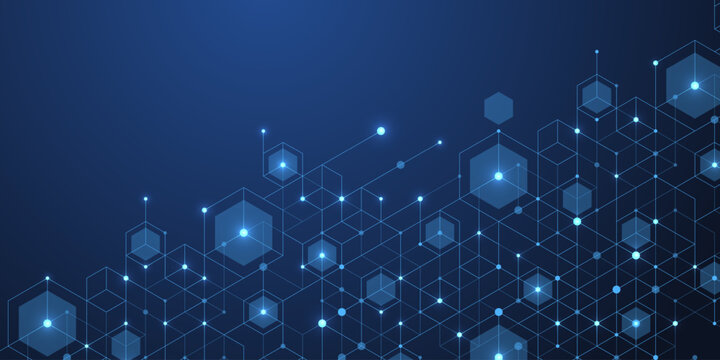 Abstract digital blockchain cube blocks concept. 3D big data cubes quantum computer technology idea. Artificial intelligence data core cubes design element