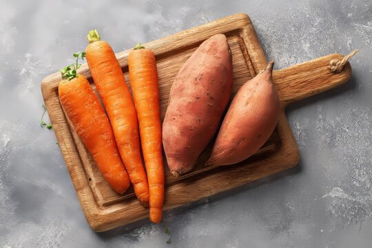 carrots and sweet potatoes on the wooden chopping board