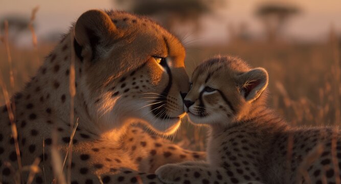 Tender Moment: Cheetah Mother and Cub Nuzzling in the Golden Light of the Savannah
