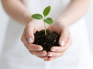Bright green plant growing in soil cradled by female hands, close-up concept of hope, ecology, and mindful connection to nature