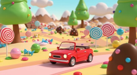 A small red car drives through candy land, whimsical 3D illustration for children's themes.