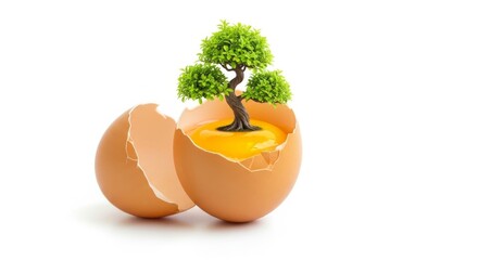 Miniature bonsai tree sprouting from a cracked egg filled with yolk, set against a clean white background. A surreal blend of nature, growth, and unexpected creativity.