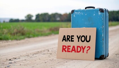Start your journey now with this vintage suitcase and motivational message on a rural road
