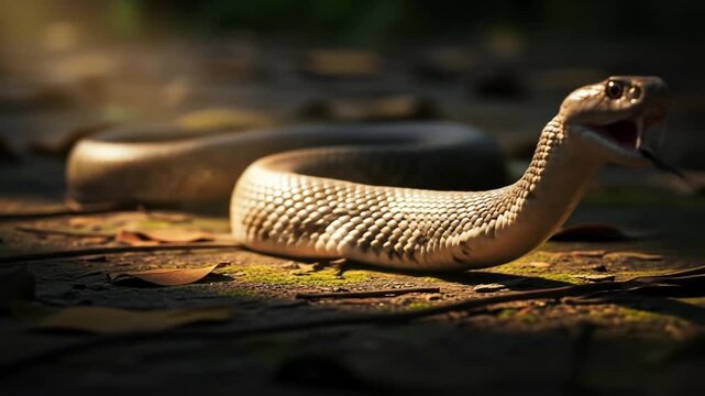 Dramatic angle of cobra pausing in mid-strike on a forest floor, blurred background, depth of field focused on eyes.