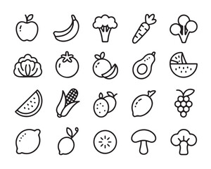 Collection of simple black line art icons of fruits and vegetables on white background apple banana