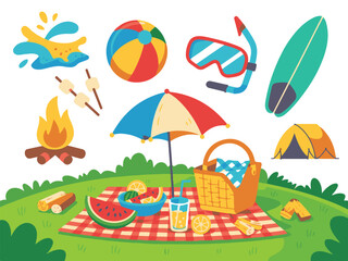Summer Picnic and Beach Activity Vector Illustration with Food, Umbrella, and Outdoor Elements