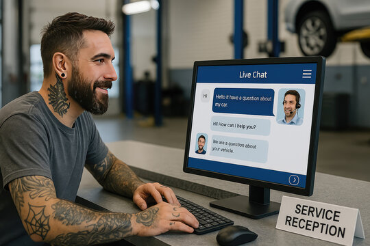 Customer Service in Garage: A smiling mechanic in a auto garage. He uses his computer to provide customers assistance. The SERVICE RECEPTION is on table. - Powered by Adobe
