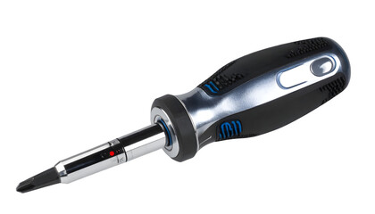 Ratcheting screwdriver with multiple bits, precision tool for repair work, versatile hand tool for construction and maintenance on transparent background