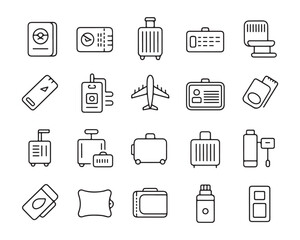 Fototapeta premium Collection of travel and airport related line art icons passport boarding pass luggage airplane vector