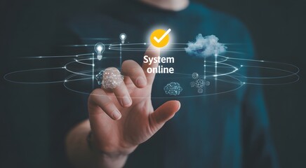 System Online Validation: A person's finger touching a virtual interface with elements indicating system status, data processing and cloud technology.