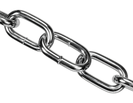 Close up of a shiny metal chain with links isolated on a black background