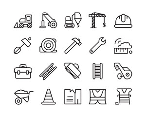 Construction equipment and tools line art icons set vector