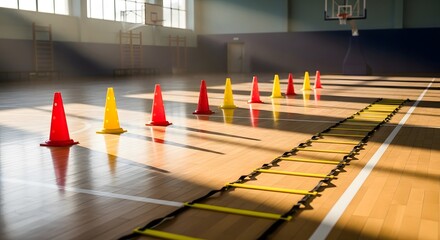 Indoor gymnasium with agility ladder and cones set up for training, bathed in sunlight.