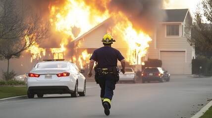 Firefighter rushes to house fire emergency in suburban neighborhood