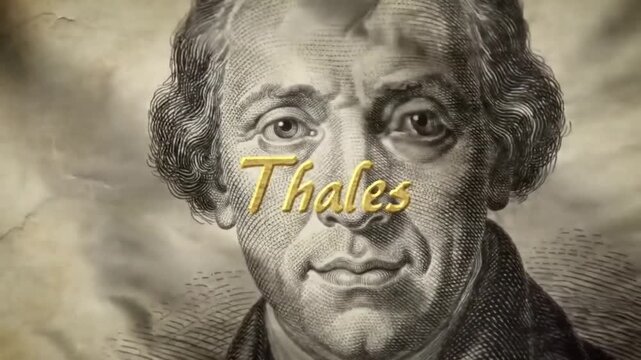 Animated Ink Sketch Of Thales On Antique Paper &mdash; Light Reveals Gold Nameplate Beneath, Ideal For Historical Education Use

