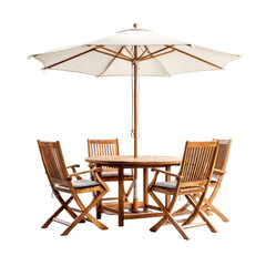 Outdoor dining set with umbrella.  Wooden table and chairs, white umbrella.  Perfect for patio or garden