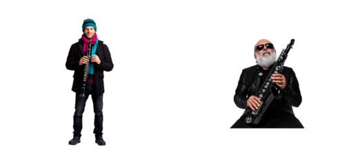 Two musicians playing clarinet and saxophone in a creative setup
