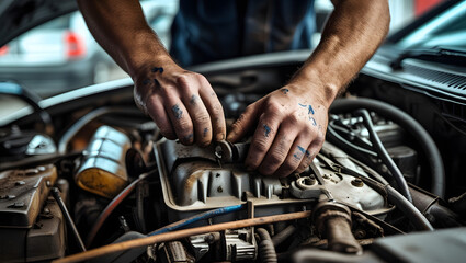 Obraz premium A mechanic works on a car engine, carefully adjusting parts with tools, showing detail.