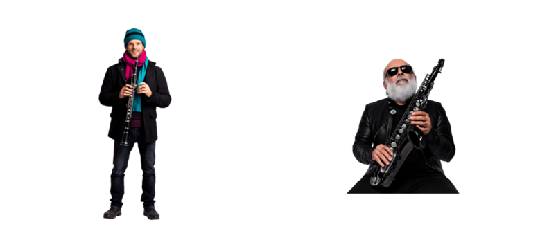 Two musicians playing clarinet and saxophone in a creative setup