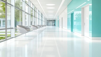 Fototapeta premium Modern hospital interior with bright hallway and contemporary design elements