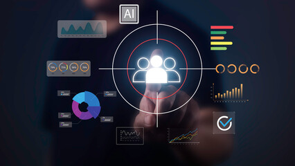 A hand selecting a user icon surrounded by data charts and AI elements, representing customer...