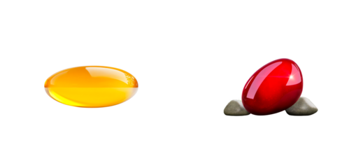 Colorful gel capsules and red stone egg on a transparent background