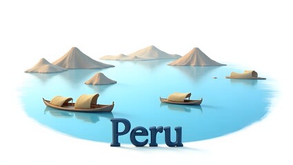 3D illustration of Lake Titicaca, the highest navigable lake in the world, with traditional floating islands. ‘Peru’ in 3D below. A peaceful and cultural landmark.