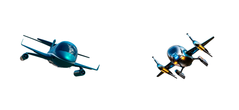 Flying vehicles in modern design with transparent background