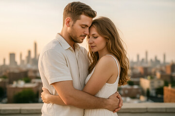 Fototapeta premium High-resolution photo of a couple embracing tenderly at golden hour on a rooftop, eyes closed in quiet connection. The warm sunset and soft cityscape evoke love, trust, and emotional presence.