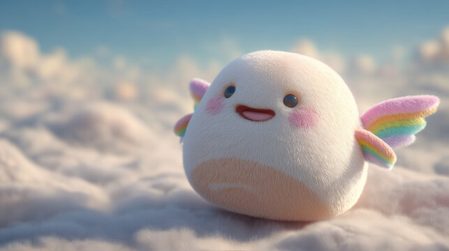 Fluffy white creature with rainbow wings floating on a cloud in the sky