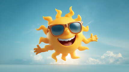 A cartoon sun character wearing sunglasses against a blue sky background