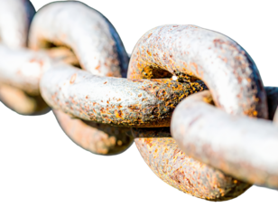 Close up of a weathered rusty metal chain showing texture and detail