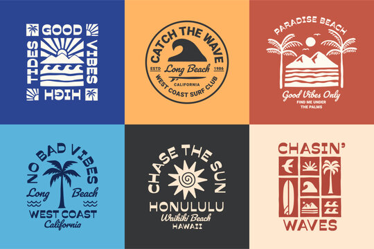 A set of summer surf theme vector designs with waves, palm trees, and sunsets. Perfect for t-shirt designs and coastal branding.	
