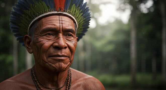 Retrato de um Cacique anci&atilde;o ind&iacute;gena com pinturas faciais tradicionais, olhar profundo e fundo de floresta densa Dia do &Iacute;ndio e Povos Origin&aacute;rios