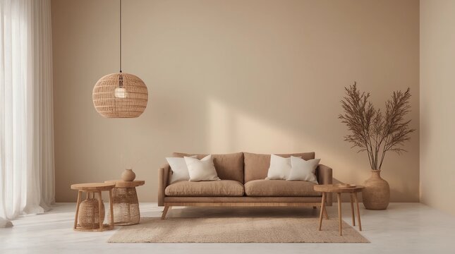 Cozy living room interior, Scandinavian style mock up. Rottan ceiling lamp , wooden table, furniture and elegant accessories. ready to use