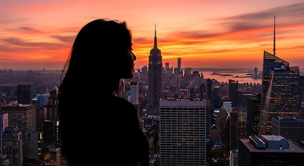Silhouette of a woman gazing at the New York City skyline at sunset