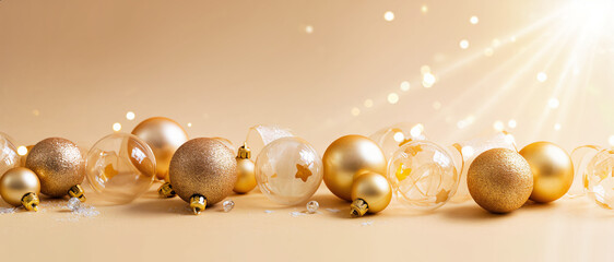 Beige Christmas ornaments with elegant golden details, lying on a festive background, cozy holiday decor for a warm and minimalist Christmas atmosphere