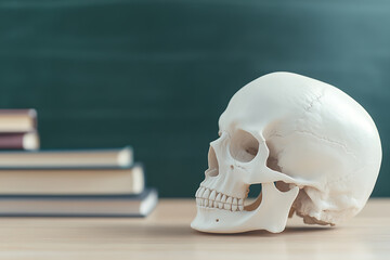 Skull and Books: A classroom scene with a white anatomical skull and a stack of books, educational setting, concept of learning.
