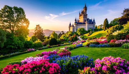 Fairytale castle amidst a vibrant garden paradise on a sunny morning