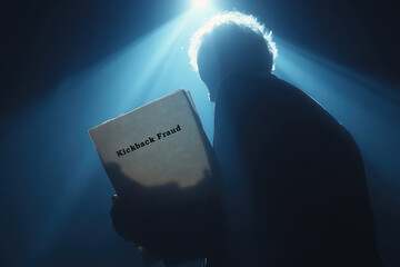 Man holding Kickback Fraud document in spotlight