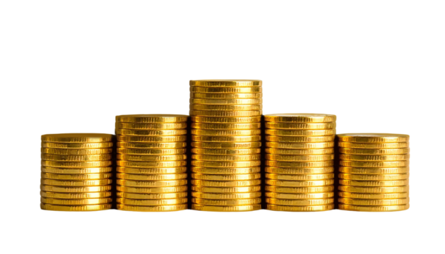 Piles money gold coins isolated on transparent background - Powered by Adobe