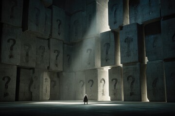 A lone figure stands in a dark, concrete maze of question marks, bathed in light