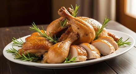 Delicious roasted chicken with rosemary garnish on a wooden table top view