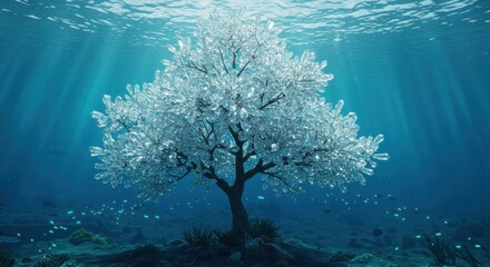 Naklejka premium Stunning crystal tree thrives underwater, illuminated by sunbeams, a magical aquatic fantasy