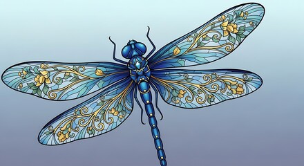 Detailed illustration of a blue dragonfly with floral ornaments on the wings