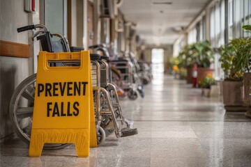 "Prevent Falls" sign and wheelchairs in hospital corridor
